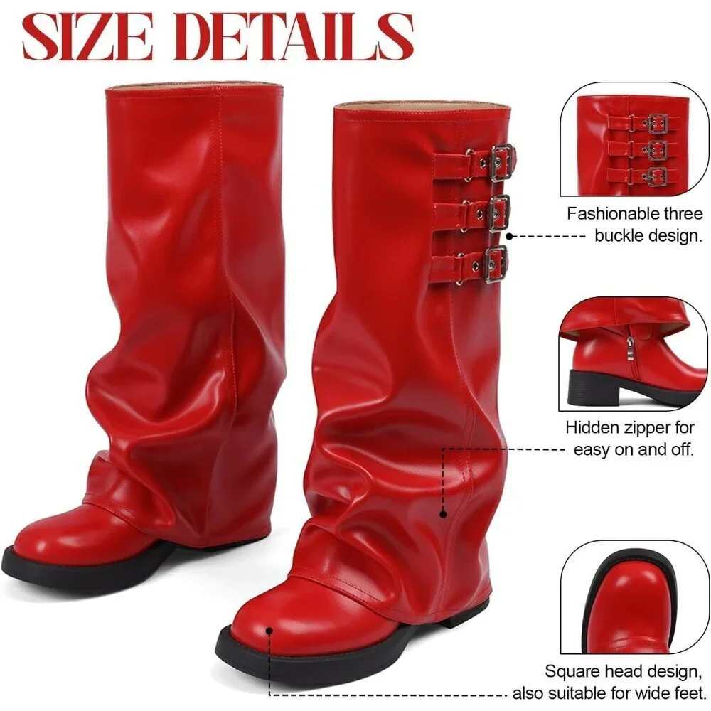 Women's Red Fall Slouchy Fold Over Tall Boots Motorcycle Zipper Fashion Buckle